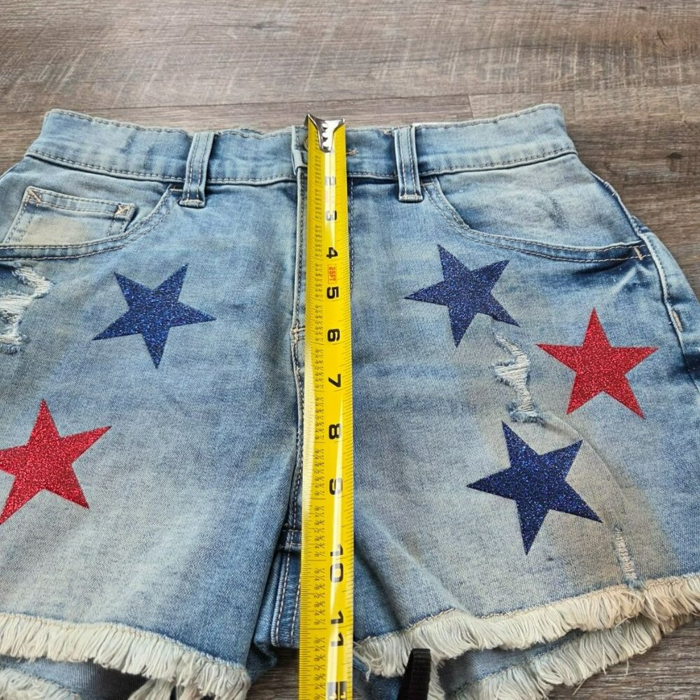 NWT Justice Size 16 girls' denim shorts w/red and blue stars and distress wear l - Picture 6 of 10